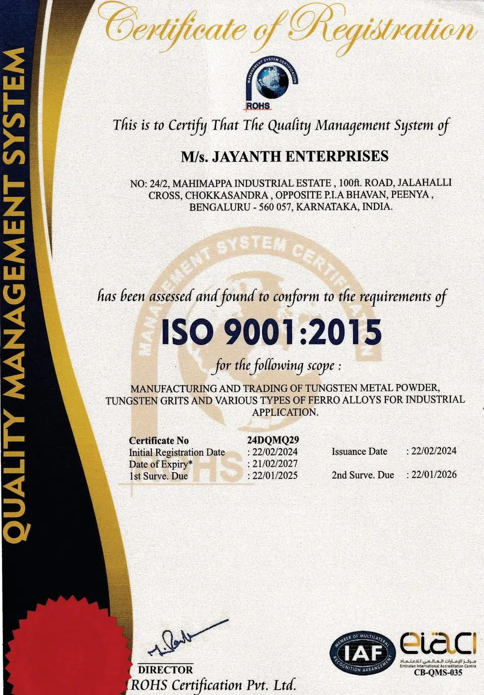Jayanth tungsten powder manufacturing facility and products, Tumkur Karnataka