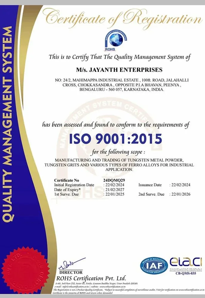 ISO 9001:2015 Certification - Jayanth Enterprises